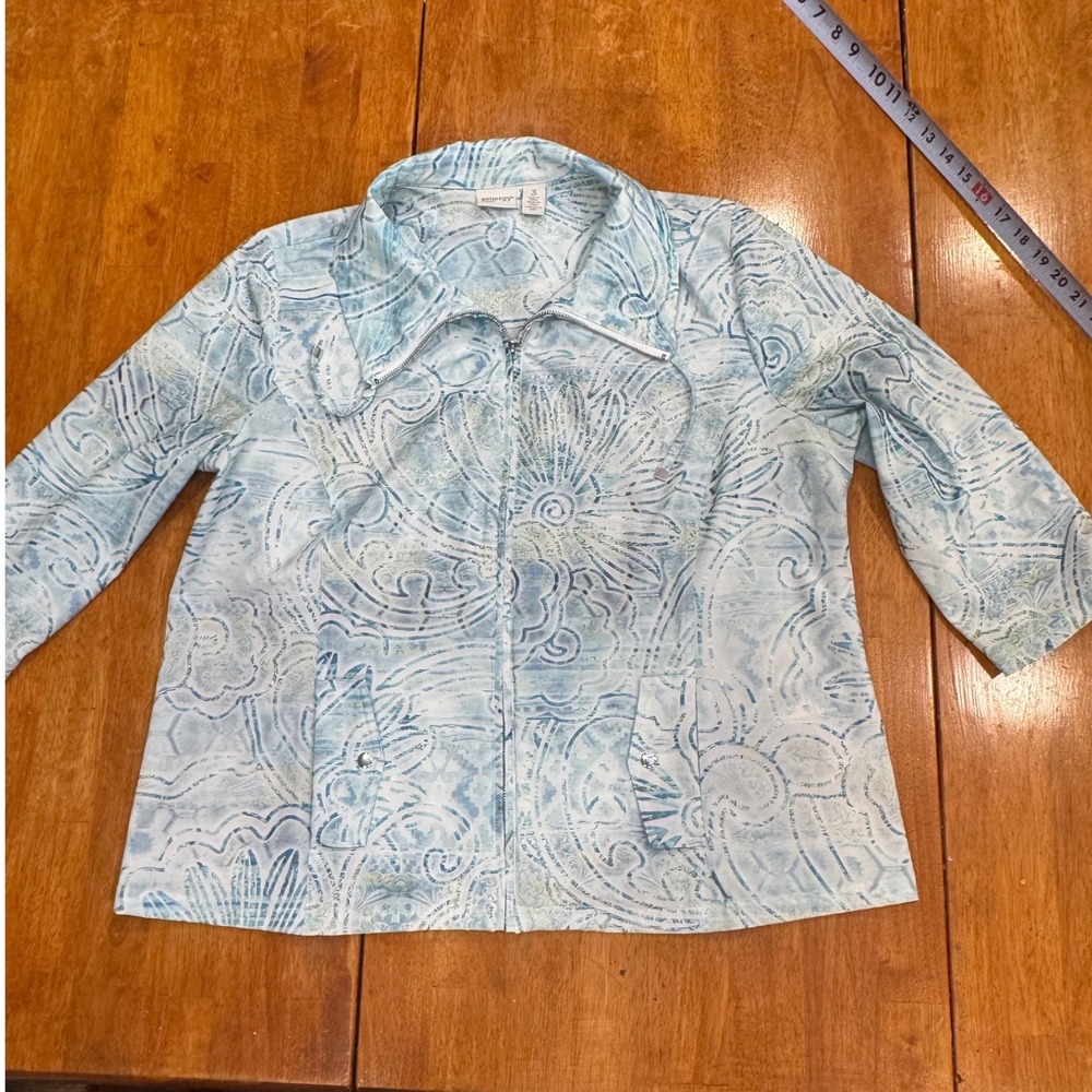 Chicos Zenergy Blue White Paisley Full Zip Jacket 3/4 Sleeve Size 3 XL